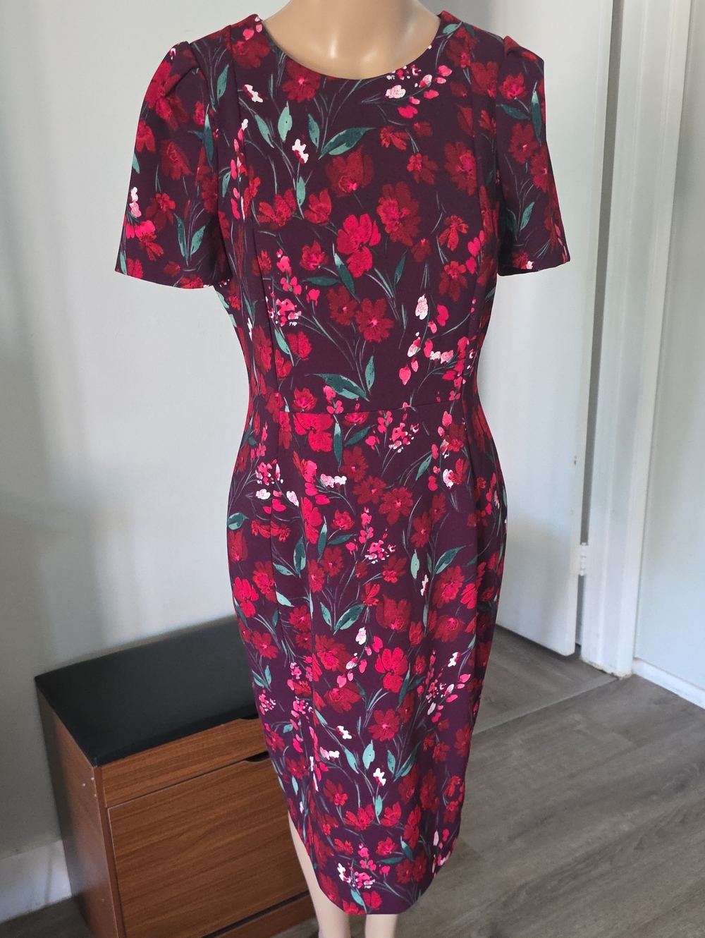 Calvin Klein Burgundy Floral Sheath Dress with Red and Green Accents